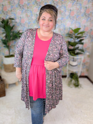 Darla Babydoll Cardigan in Ditsy Floral on Gray-4- Overlayer Tops-HEIMISH-Styled by Stacked - A Plus Size Women's Boutique in Lakeville, MN