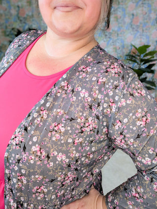 Darla Babydoll Cardigan in Ditsy Floral on Gray-4- Overlayer Tops-HEIMISH-Styled by Stacked - A Plus Size Women's Boutique in Lakeville, MN