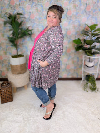Darla Babydoll Cardigan in Ditsy Floral on Gray-4- Overlayer Tops-HEIMISH-Styled by Stacked - A Plus Size Women's Boutique in Lakeville, MN