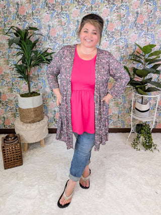 Darla Babydoll Cardigan in Ditsy Floral on Gray-4- Overlayer Tops-HEIMISH-Styled by Stacked - A Plus Size Women's Boutique in Lakeville, MN