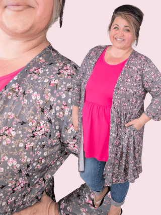 Darla Babydoll Cardigan in Ditsy Floral on Gray-4- Overlayer Tops-HEIMISH-Styled by Stacked - A Plus Size Women's Boutique in Lakeville, MN