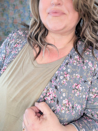 Darla Babydoll Cardigan in Ditsy Floral on Gray-4- Overlayer Tops-HEIMISH-Styled by Stacked - A Plus Size Women's Boutique in Lakeville, MN