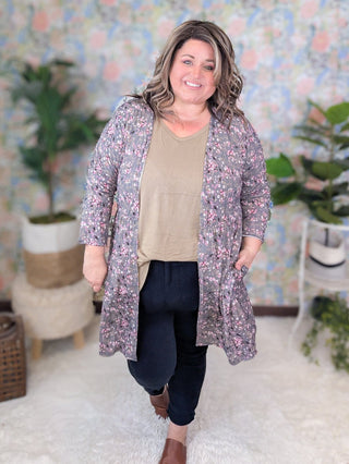 Darla Babydoll Cardigan in Ditsy Floral on Gray-4- Overlayer Tops-HEIMISH-Styled by Stacked - A Plus Size Women's Boutique in Lakeville, MN
