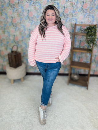 Dawn Rolled Hem Stripe Sweater in Pink-2- Long Sleeve Tops-WHITE BIRCH-Styled by Stacked - A Plus Size Women's Boutique in Lakeville, MN