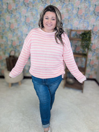 Dawn Rolled Hem Stripe Sweater in Pink-2- Long Sleeve Tops-WHITE BIRCH-Styled by Stacked - A Plus Size Women's Boutique in Lakeville, MN