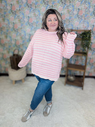 Dawn Rolled Hem Stripe Sweater in Pink-2- Long Sleeve Tops-WHITE BIRCH-Styled by Stacked - A Plus Size Women's Boutique in Lakeville, MN