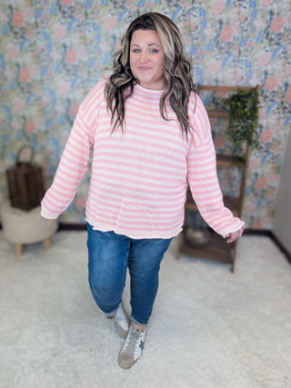 Dawn Rolled Hem Stripe Sweater in Pink-2- Long Sleeve Tops-WHITE BIRCH-Styled by Stacked - A Plus Size Women's Boutique in Lakeville, MN