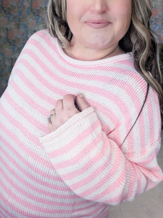 Dawn Rolled Hem Stripe Sweater in Pink-2- Long Sleeve Tops-WHITE BIRCH-Styled by Stacked - A Plus Size Women's Boutique in Lakeville, MN