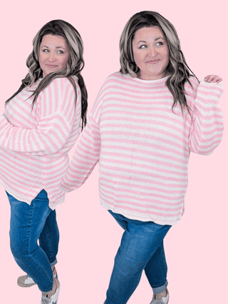 Dawn Rolled Hem Stripe Sweater in Pink-2- Long Sleeve Tops-WHITE BIRCH-Styled by Stacked - A Plus Size Women's Boutique in Lakeville, MN