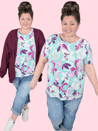 Debbie Short Sleeve Plum Floral Top on Aqua-1- ShortSlv/Slvless Tops-HAPTICS-Styled by Stacked - A Plus Size Women's Boutique in Lakeville, MN