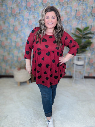 Delaine 3/4 Sleeve Babydoll in Red w/Black Hearts-2- Long Sleeve Tops-HEIMISH-Styled by Stacked - A Plus Size Women's Boutique in Lakeville, MN