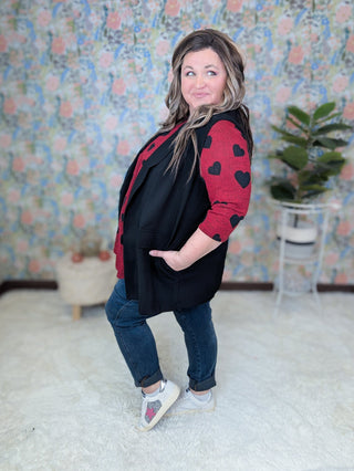 Delaine 3/4 Sleeve Babydoll in Red w/Black Hearts-2- Long Sleeve Tops-HEIMISH-Styled by Stacked - A Plus Size Women's Boutique in Lakeville, MN