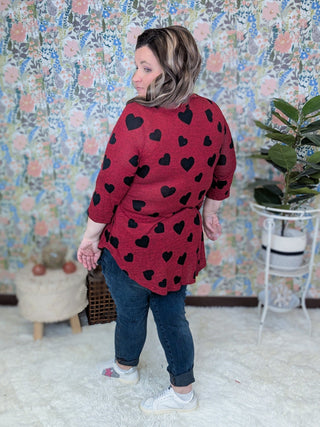 Delaine 3/4 Sleeve Babydoll in Red w/Black Hearts-2- Long Sleeve Tops-HEIMISH-Styled by Stacked - A Plus Size Women's Boutique in Lakeville, MN