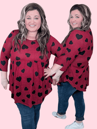 Delaine 3/4 Sleeve Babydoll in Red w/Black Hearts-2- Long Sleeve Tops-HEIMISH-Styled by Stacked - A Plus Size Women's Boutique in Lakeville, MN