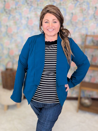 4- Overlayer Tops Delilah Stretch Blazer in Peacock Blue plus size clothing