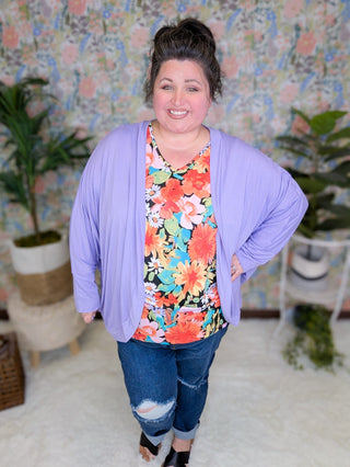 Demaris Slouchy Vneck 3/4 Sleeve Dolman in Bold Florals-2- Long Sleeve Tops-cream and sugar-Styled by Stacked - A Plus Size Women's Boutique in Lakeville, MN