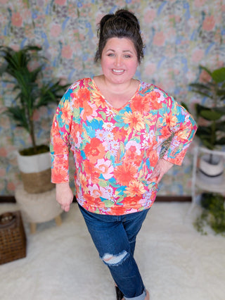 Demaris Slouchy Vneck 3/4 Sleeve Dolman in Bold Florals-2- Long Sleeve Tops-cream and sugar-Styled by Stacked - A Plus Size Women's Boutique in Lakeville, MN