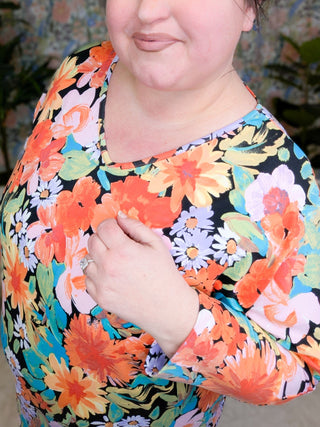 Demaris Slouchy Vneck 3/4 Sleeve Dolman in Bold Florals-2- Long Sleeve Tops-cream and sugar-Styled by Stacked - A Plus Size Women's Boutique in Lakeville, MN