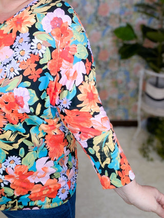 Demaris Slouchy Vneck 3/4 Sleeve Dolman in Bold Florals-2- Long Sleeve Tops-cream and sugar-Styled by Stacked - A Plus Size Women's Boutique in Lakeville, MN