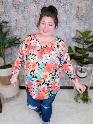 Demaris Slouchy Vneck 3/4 Sleeve Dolman in Bold Florals-2- Long Sleeve Tops-cream and sugar-Styled by Stacked - A Plus Size Women's Boutique in Lakeville, MN