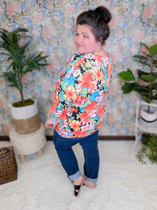 Demaris Slouchy Vneck 3/4 Sleeve Dolman in Bold Florals-2- Long Sleeve Tops-cream and sugar-Styled by Stacked - A Plus Size Women's Boutique in Lakeville, MN
