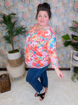 Demaris Slouchy Vneck 3/4 Sleeve Dolman in Bold Florals-2- Long Sleeve Tops-cream and sugar-Styled by Stacked - A Plus Size Women's Boutique in Lakeville, MN