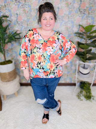 Demaris Slouchy Vneck 3/4 Sleeve Dolman in Bold Florals-2- Long Sleeve Tops-cream and sugar-Styled by Stacked - A Plus Size Women's Boutique in Lakeville, MN