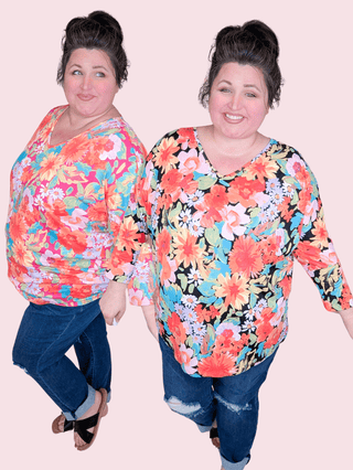 Demaris Slouchy Vneck 3/4 Sleeve Dolman in Bold Florals-2- Long Sleeve Tops-cream and sugar-Styled by Stacked - A Plus Size Women's Boutique in Lakeville, MN