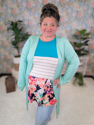 Demi Scoopneck Tank in Teal, Stripes + Floral Colorblock-1- ShortSlv/Slvless Tops-HEIMISH-Styled by Stacked - A Plus Size Women's Boutique in Lakeville, MN