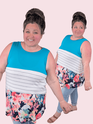 Demi Scoopneck Tank in Teal, Stripes + Floral Colorblock-1- ShortSlv/Slvless Tops-HEIMISH-Styled by Stacked - A Plus Size Women's Boutique in Lakeville, MN