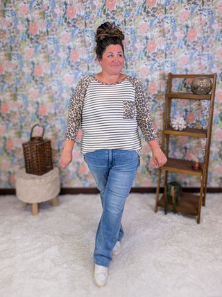 1- ShortSlv/Slvless Tops Denise 3/4 Sleeve Raglan in Stripe + Leopard plus size clothing