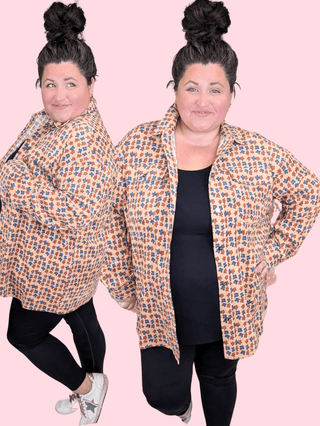 Desi Corduroy Mocha Buttondown in Boho Floral-2- Long Sleeve Tops-entro-Styled by Stacked - A Plus Size Women's Boutique in Lakeville, MN