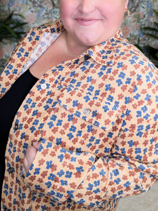 Desi Corduroy Mocha Buttondown in Boho Floral-2- Long Sleeve Tops-entro-Styled by Stacked - A Plus Size Women's Boutique in Lakeville, MN