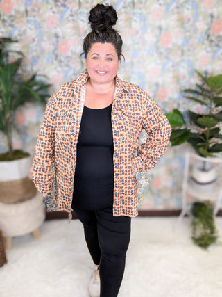 Desi Corduroy Mocha Buttondown in Boho Floral-2- Long Sleeve Tops-entro-Styled by Stacked - A Plus Size Women's Boutique in Lakeville, MN