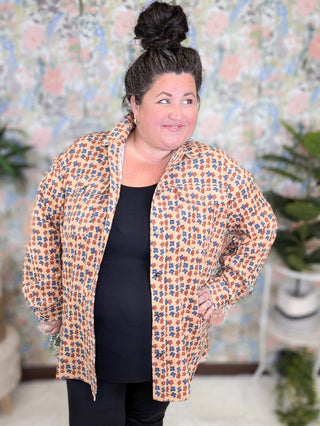 Desi Corduroy Mocha Buttondown in Boho Floral-2- Long Sleeve Tops-entro-Styled by Stacked - A Plus Size Women's Boutique in Lakeville, MN