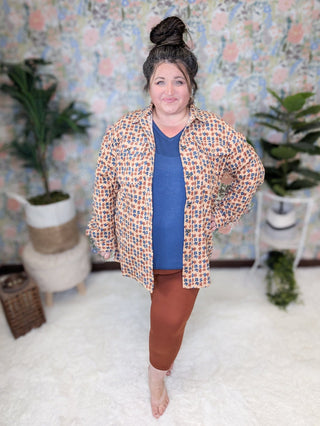 Desi Corduroy Mocha Buttondown in Boho Floral-2- Long Sleeve Tops-entro-Styled by Stacked - A Plus Size Women's Boutique in Lakeville, MN