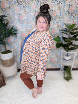 Desi Corduroy Mocha Buttondown in Boho Floral-2- Long Sleeve Tops-entro-Styled by Stacked - A Plus Size Women's Boutique in Lakeville, MN