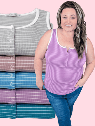 1- ShortSlv/Slvless Tops Devon Snap Front Triple Stretch Henley Tank in Stripes (5 colors) plus size clothing