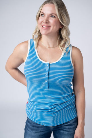 1- ShortSlv/Slvless Tops Devon Snap Front Triple Stretch Henley Tank in Stripes (5 colors) plus size clothing
