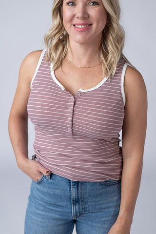 1- ShortSlv/Slvless Tops Devon Snap Front Triple Stretch Henley Tank in Stripes (5 colors) plus size clothing