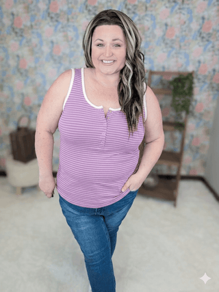 Devon Snap Front Triple Stretch Henley Tank in Stripes-1- ShortSlv/Slvless Tops-MICHELLE MAE-Styled by Stacked - A Plus Size Women's Boutique in Lakeville, MN