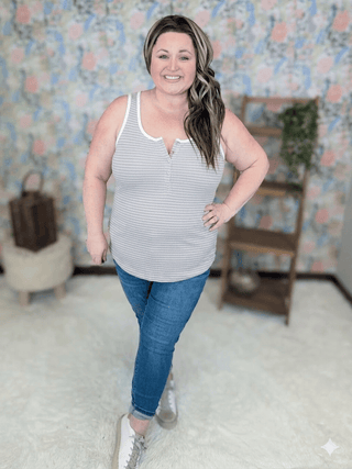 Devon Snap Front Triple Stretch Henley Tank in Stripes-1- ShortSlv/Slvless Tops-MICHELLE MAE-Styled by Stacked - A Plus Size Women's Boutique in Lakeville, MN