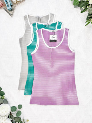 Devon Snap Front Triple Stretch Henley Tank in Stripes-1- ShortSlv/Slvless Tops-MICHELLE MAE-Styled by Stacked - A Plus Size Women's Boutique in Lakeville, MN