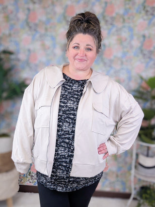 Dianna Peter Pan Collared Scuba Jacket in Stone Taupe-4- Overlayer Tops-WHITE BIRCH-Styled by Stacked - A Plus Size Women's Boutique in Lakeville, MN