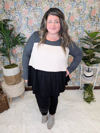 Donna Colorblock Flowy Tiered Top in Neutrals-2- Long Sleeve Tops-BE STAGE-Styled by Stacked - A Plus Size Women's Boutique in Lakeville, MN
