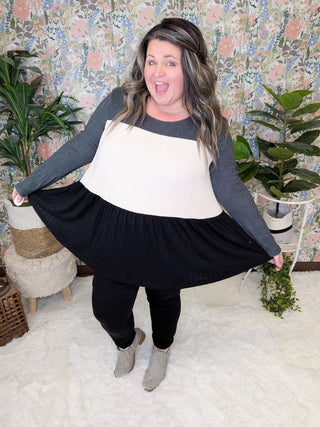 Donna Colorblock Flowy Tiered Top in Neutrals-2- Long Sleeve Tops-BE STAGE-Styled by Stacked - A Plus Size Women's Boutique in Lakeville, MN