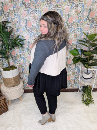 Donna Colorblock Flowy Tiered Top in Neutrals-2- Long Sleeve Tops-BE STAGE-Styled by Stacked - A Plus Size Women's Boutique in Lakeville, MN