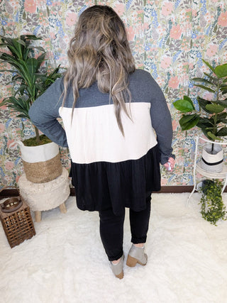 Donna Colorblock Flowy Tiered Top in Neutrals-2- Long Sleeve Tops-BE STAGE-Styled by Stacked - A Plus Size Women's Boutique in Lakeville, MN