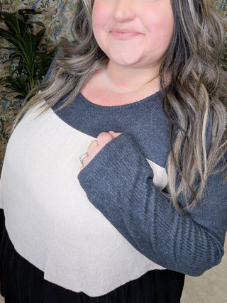 Donna Colorblock Flowy Tiered Top in Neutrals-2- Long Sleeve Tops-BE STAGE-Styled by Stacked - A Plus Size Women's Boutique in Lakeville, MN