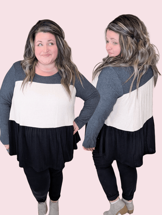 Donna Colorblock Flowy Tiered Top in Neutrals-2- Long Sleeve Tops-BE STAGE-Styled by Stacked - A Plus Size Women's Boutique in Lakeville, MN